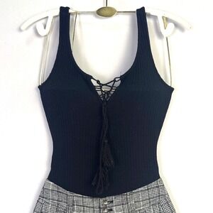 Blue Steel Black Ribbed Lace Up Tassel Bodysuit Sleeveless Size P Small